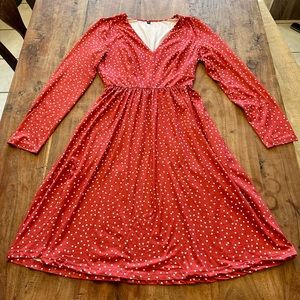 Red polka dot stretchy Amazon dress with pockets.